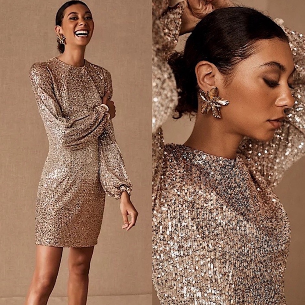NEW! BHLDN Carys Dress Sequin Mini Rose Gold Long Sleeve